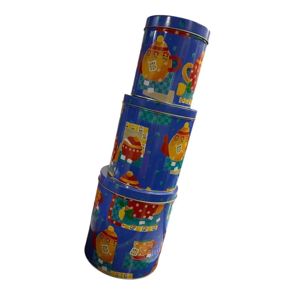 Maison Department 56 Tea Time Stacking Tins Set of 3 Blue Teapot Canisters